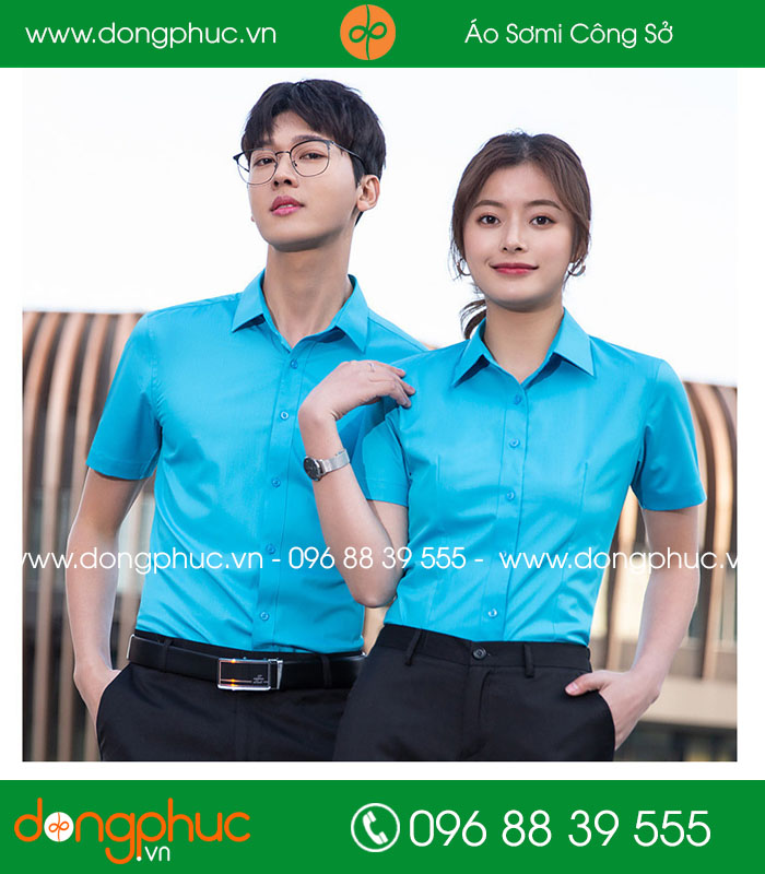 Đồng phục áo sơ mi màu xanh cộc tay